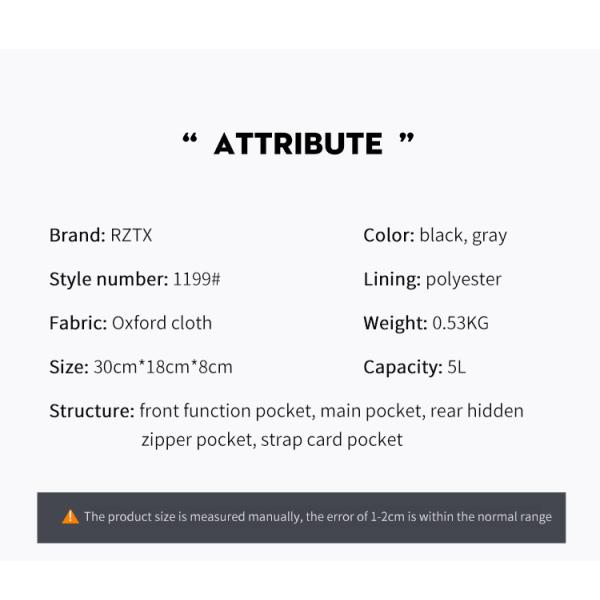 Black Gray 5L Shoulder Crossbody Mens Chest Sling Bag 0.53KG