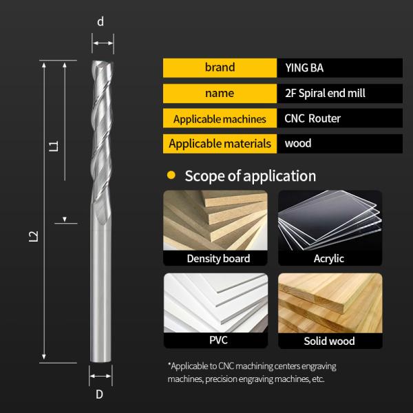 YingBa Customized CNC Router Bit 6mm Two Flute Spiral Solid Carbide End Mill Wood Milling Cutters for MDF Wood Working Tool