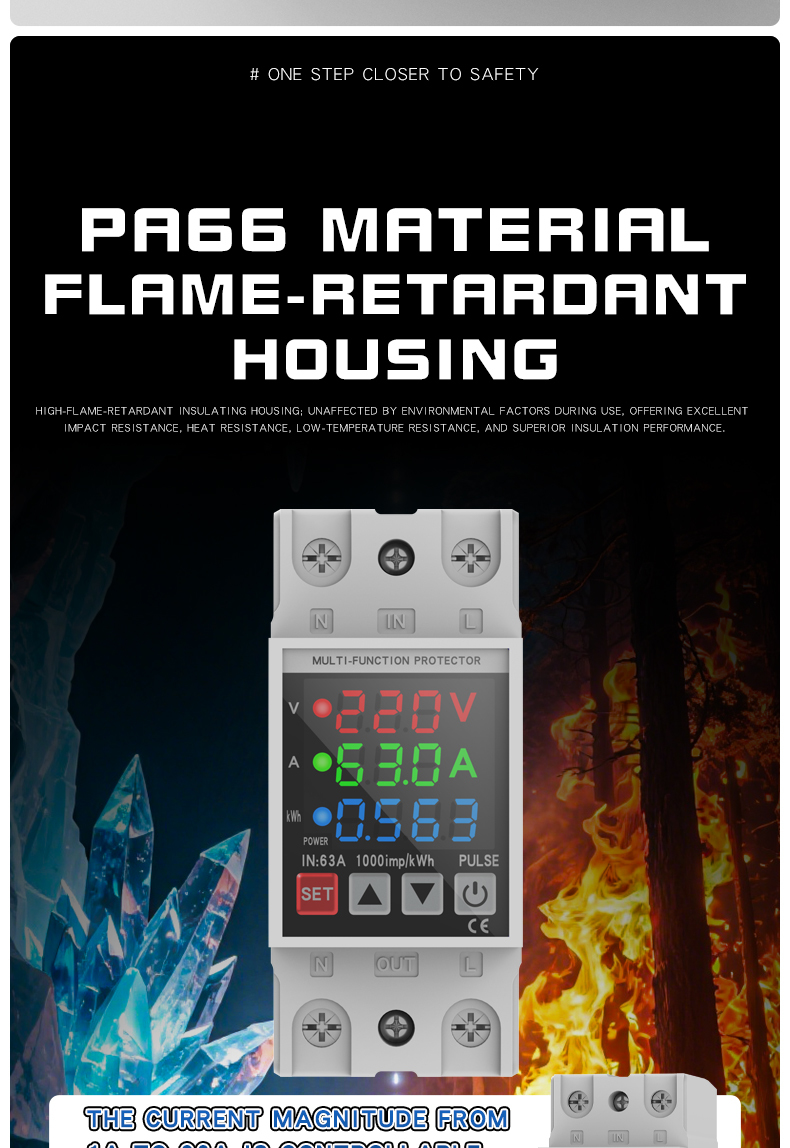 Rail-mounted digital display rocker switch self-reset over/under voltage protector 40A 63A for home use, delay 220V