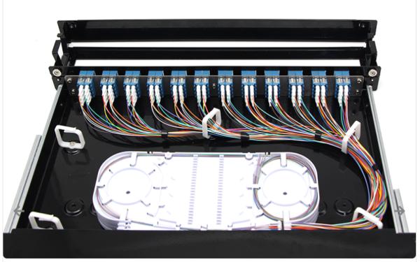 Panel de parches de alta densidad de fibra óptica de 19 montaje en bastidor 1U 96F adaptador LC Quad