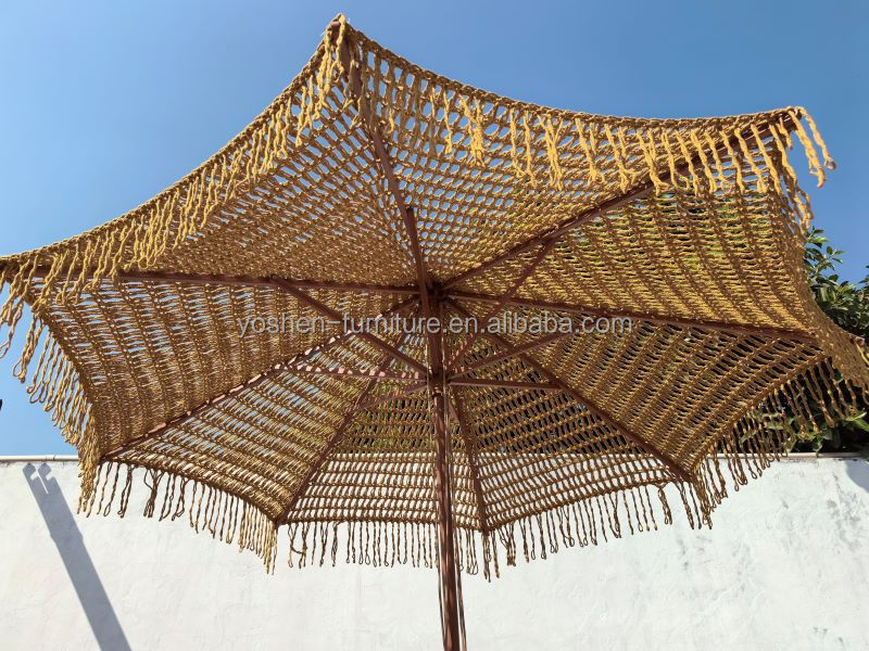 9 ft Yellow INS Trend Resort Umbrella Parasol Woven Crochet Umbrella Tassel Macrame Parasol