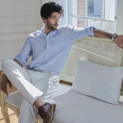 Multicolored Woven Custom Mens Casual Linen Shirts Banded Collar Standard Fit