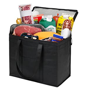 Frozen Food Insulated Cooler Bag Food Delivery, Sturdy Zipper, Foldable, Washable, Heavy Duty, Stands Upright, Completel