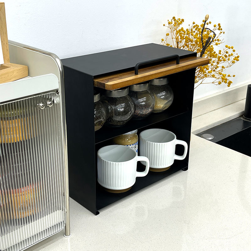 3 Layer Kitchen Countertop Spice Cabinet With Wooden Door Seasoning Bottle Organizer Living Room Coffee Tea Bag Mug Storage Rack