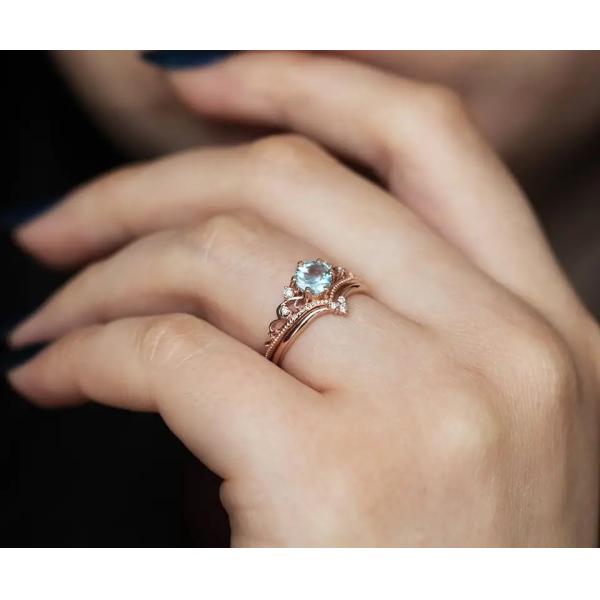 Delicate S925 Rose Gold Plated Natural Round Shape Aquamarine Ring Women Jewelry