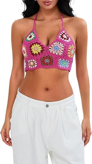 Women Summer Beach Crochet Top Bralette Knit Bra Bikini Crochet Halter Tops for Women Backless Camisole Knit Bra Tops Bralette Summer Beachwear