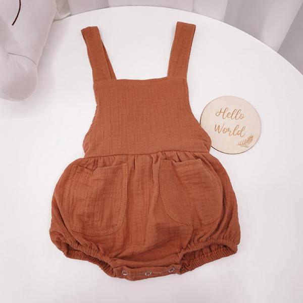 Summer Cotton Muslin Baby Clothes Sleeveless Romper Strap Pants With Pocket Solid Baby Bodysuit