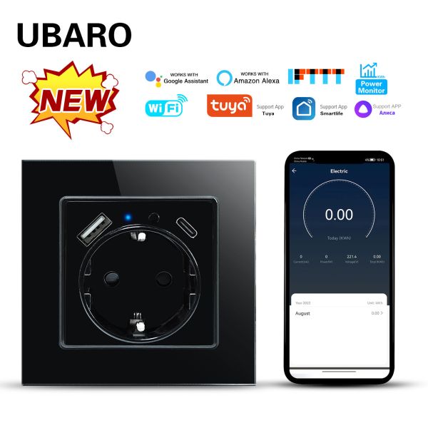 Smart Glass Wall Socket with 20W Fast Charging WiFi Remote Control and Tempered Glass Panel for Bedroom and Office