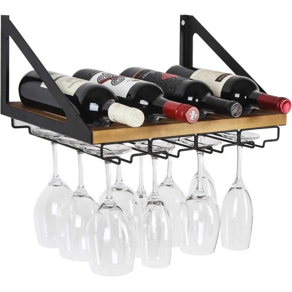 Non-folding Rack Rustic Wood Wall Mount Wine Rack with 4 Metal Wire Glass Holder Custom Design