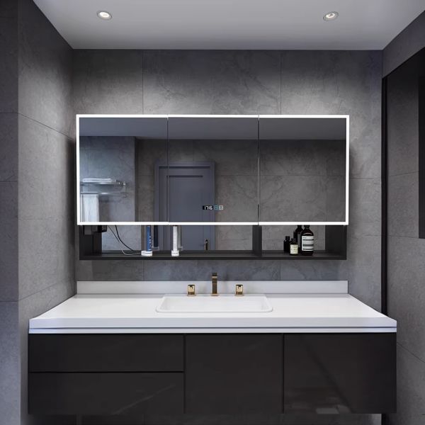Modern Luxurious Anti-Fog Aluminum LED Bathroom Vanity Mirror Cabinet Time Display Water Resistant for Hotel Apartment Use