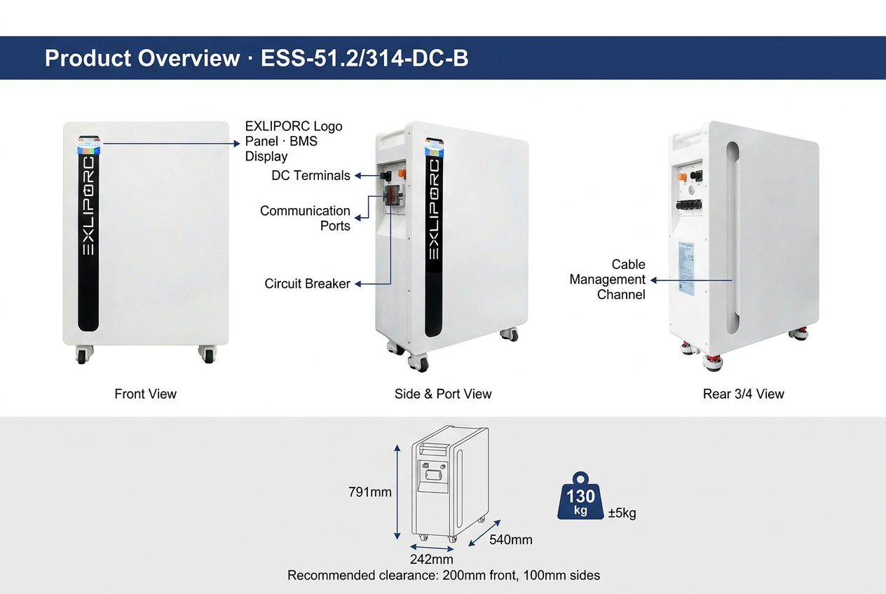 EXLIPORC 16.07kWh 314Ah High-Density LiFePO4 Home Battery with IP65 Waterproof Rating for Solar Energy Storage
