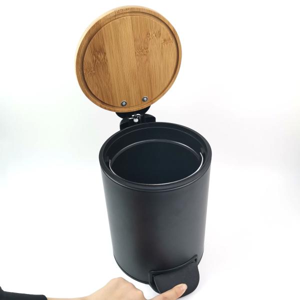 3L 5L Metal Round Garbage Pedal Bin with Bamboo Lid