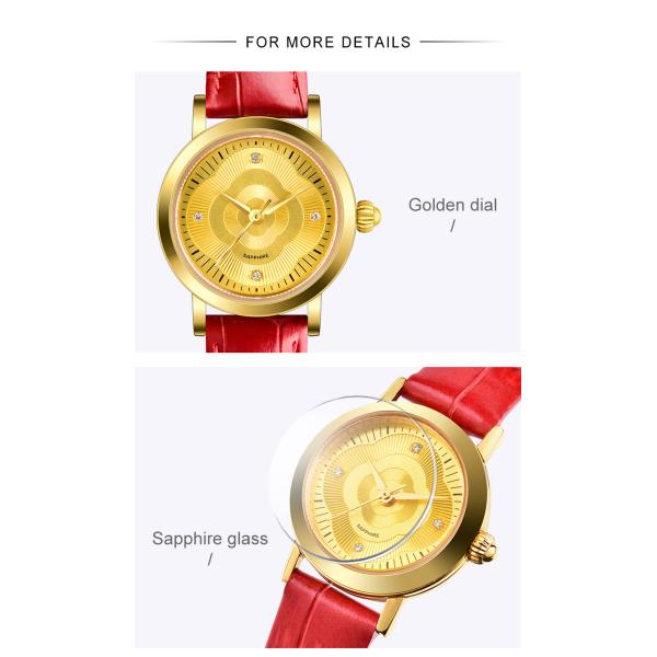 Изготовленный на заказ роскошный неподдельный кожаный золотой дозор кварца нержавеющей стали для дам