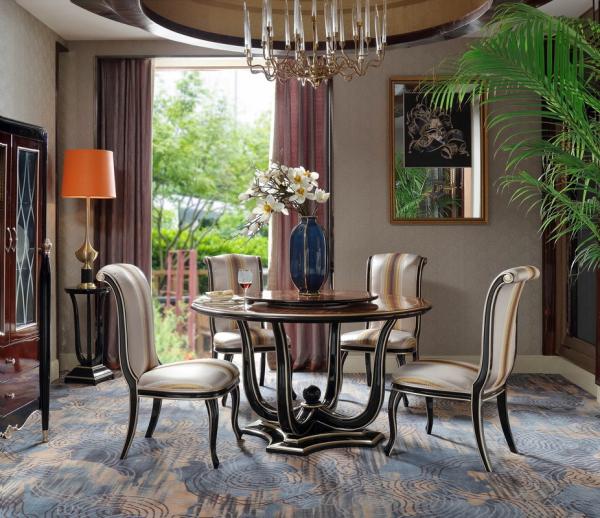 Luxury Dining room Furniture Round Tables in Veneer Inlay Matched decoration by high glossy painting with Leather Chairs