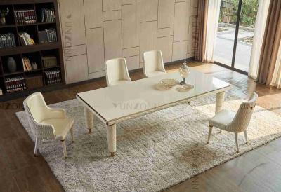 Das mesas de jantar modernas luxuosas de couro da tampa do bordado quadro de aço inoxidável moderado branco da parte superior de vidro para a casa