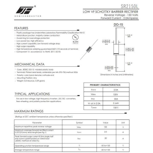 Silicon Alloy Structure SR2150L Low Vf Schottky Barrier Rectifier Diode wtih DO-15 Package