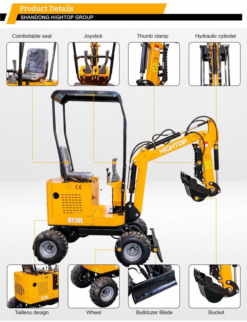 HT10L Wheeled Mini Excavator with 10KW Rated Power