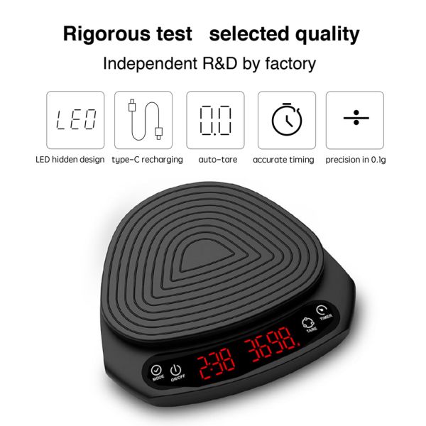 Ultra-thin Smart Coffee Weighing Scale with 0.1g Accuracy and Type-C Recharging in ABS Stainless Steel Silicone