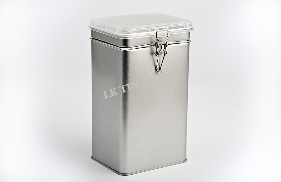 Silver Sandblasting Rectangular Coffee Tea Tin Containers With Plastic Lid