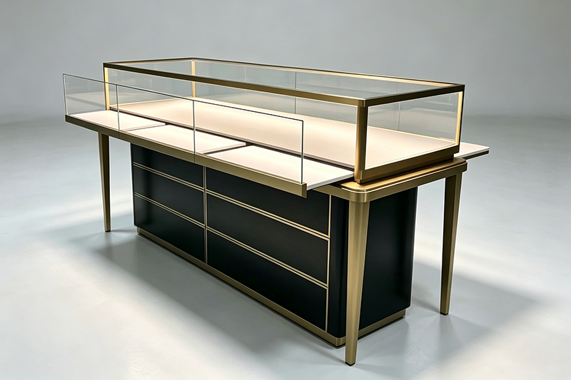 Luxury Gold‑Framed Jewelry Counter With Side Pull‑Out Display Trays & Storage Drawers