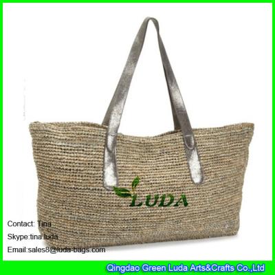 LUDA light grey raffia beach straw bags with glitter leather handles