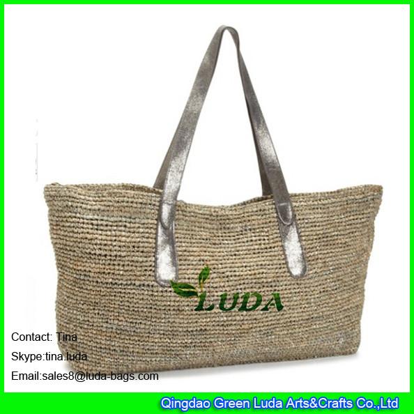 LUDA light grey raffia beach straw bags with glitter leather handles