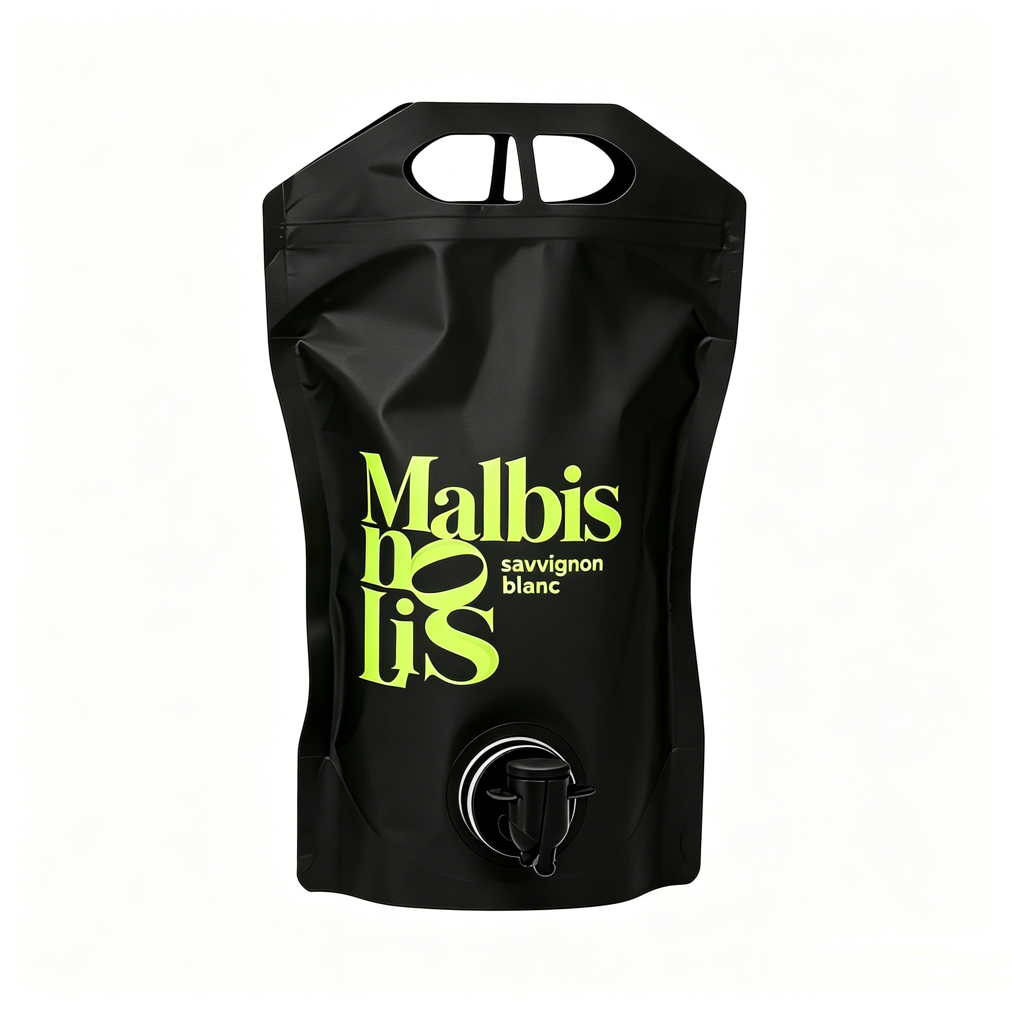 Custom Matte Black Stand Up Wine Spout Pouch With Dual Carry Cutouts | Custom Shape Printed High Barrier Dispenser Bag For White Wine, Fruit Wine & Beverage Concentrate