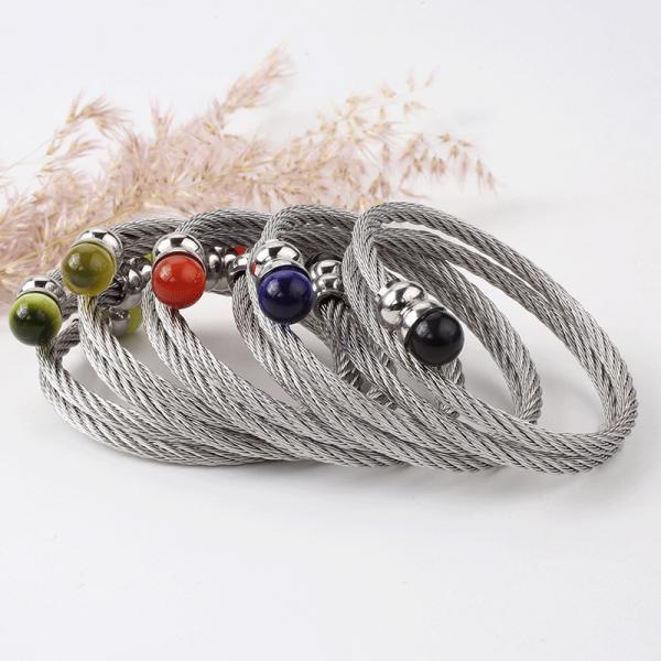 Powder crystal stone bracelet stainless steel wire elastic twisted wire fine steel rope three-ring bracelet