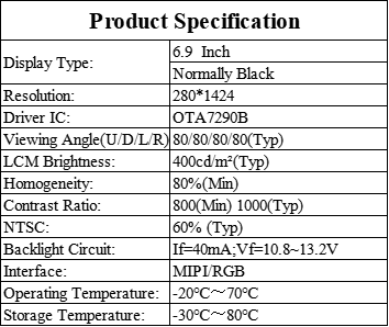 6.9 Inch Capacitive Touch Long Strip LCD Display 400cd/M2 Brightness 280×1424
