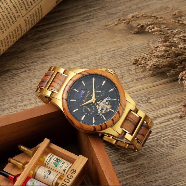 Наручные часы автоматических людей деревянного золота нержавеющей стали 18k делают водостойким