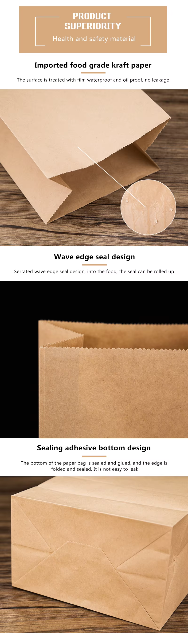Food Grade SOS Packing Brown Kraft Paper Bag No Handle With Logo Printed