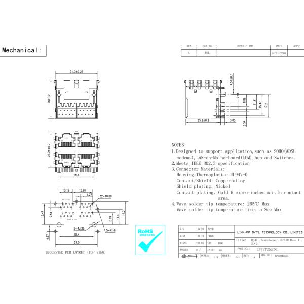 Сеть локальных сетей LPJ27202CNL SI-35003-F 10/100 BT 2X2 RJ45 защищаемая Jack