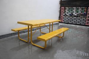 Outdoor Perforated Metal Picnic Table With Two Benches Surface Mounted