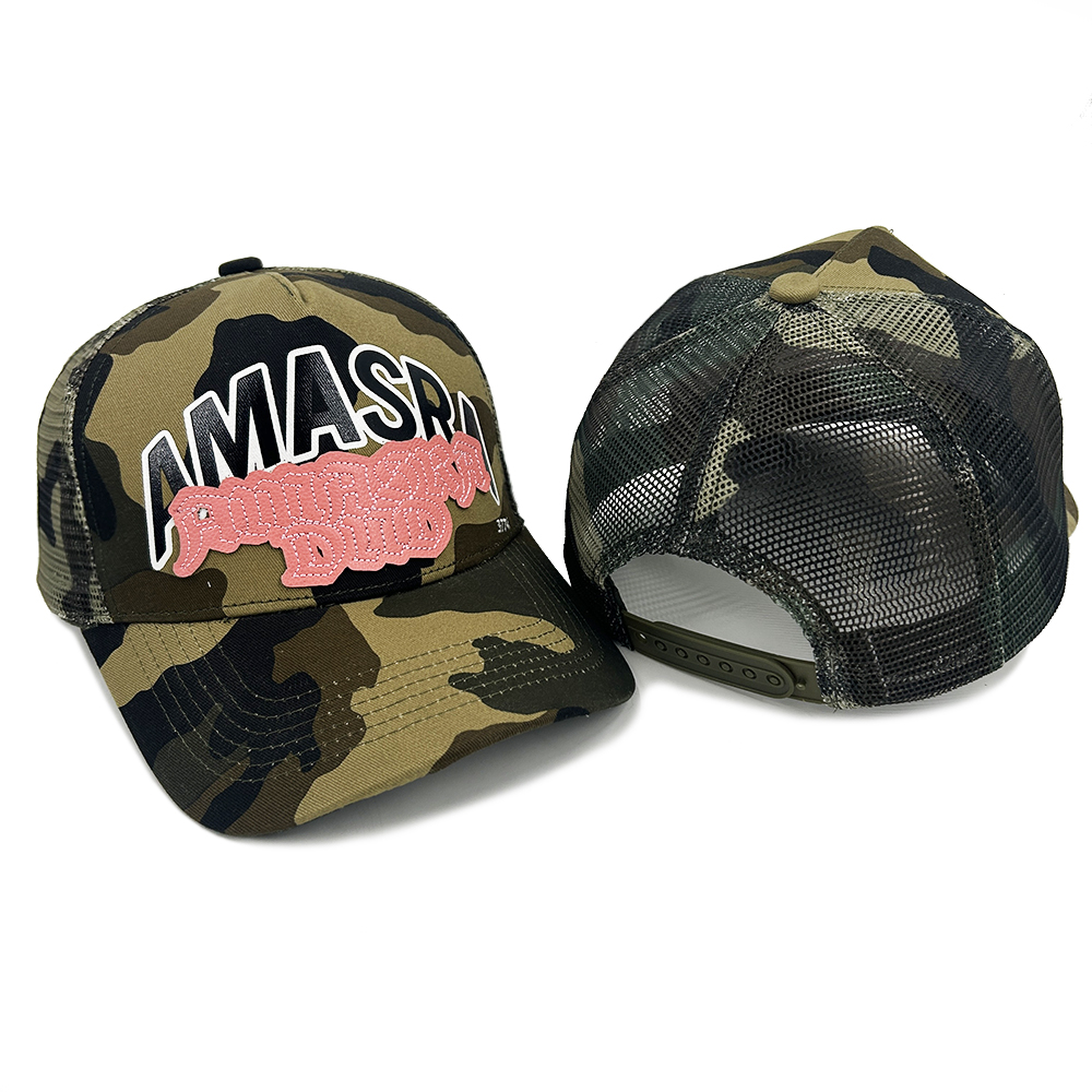5 Panel Camo Custom Embroidery Trucker Hats Mesh Leather Silk Cotton Patch Screen Printing