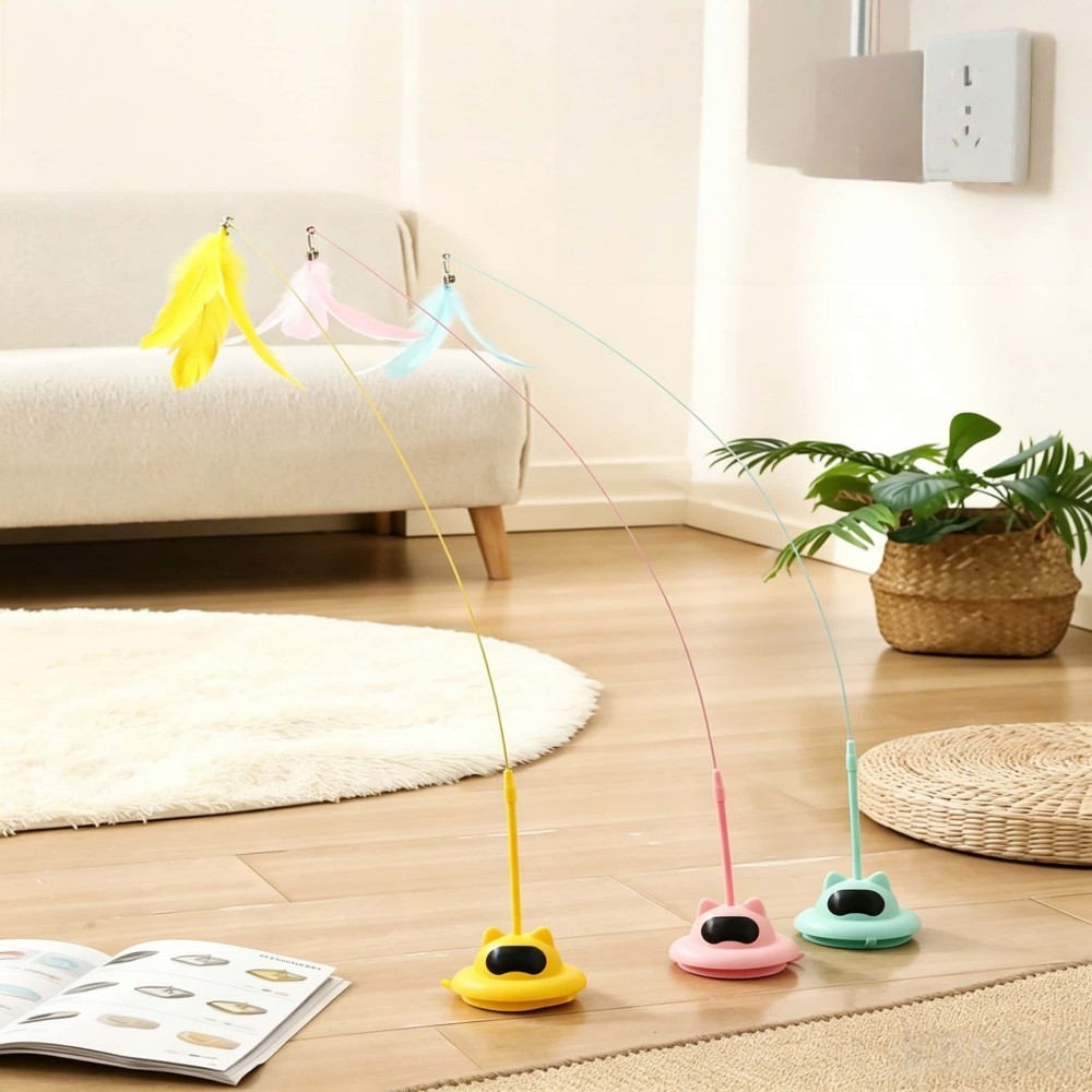 Suction Retractable Pendant Teaser Wand Steel Wire Interactive Cat Toy With Feather