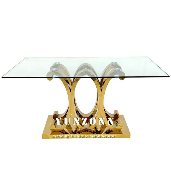 Special Golden Stainless Steel Luxury Glass Dining Table Sets for Bride and Groom for Wedding Events and Hotel Use