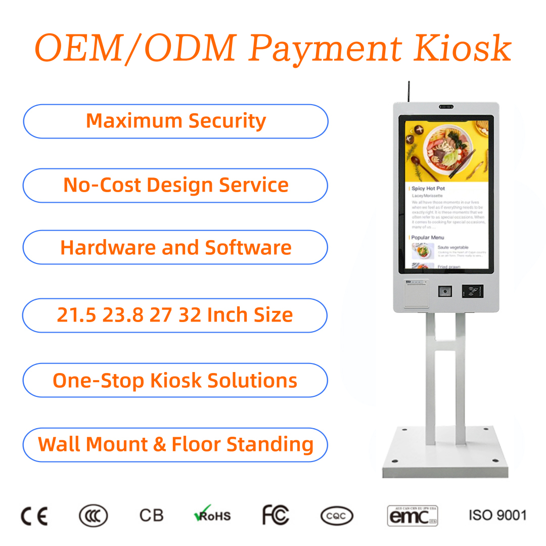 21.5 27 32 Inch Touch Screen  Wall Mount or Floor Standing Self Ordering Kiosk with QR Scanner Ticket Printer for Restaurants