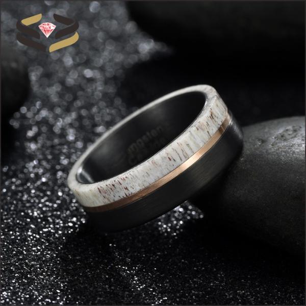 8mm Black Tungsten Ring with Deer Antler and Rose Gold Strip Inlay The Ultimate Wedding Essential