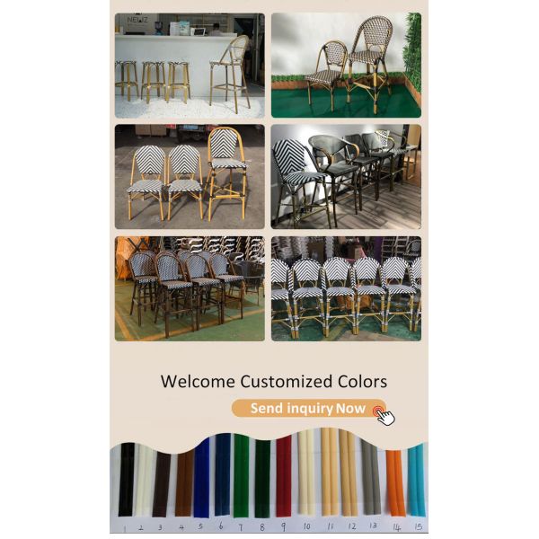 Outdoor French Bistro Chairs & Bar Stools – PE Rattan Patio Furniture with Bamboo Look Frame