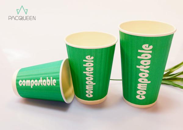 Biodegradable 8 Oz / 12 Oz / 16 Oz Coffee Cups Disposable Green Printing Embossed