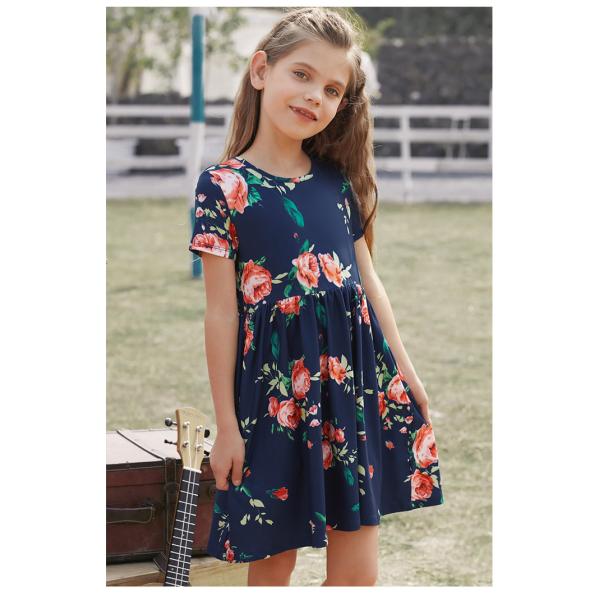Summer Children's Clothing Solid Color Cotton Printed Short Sleeve Casual Girls Dress