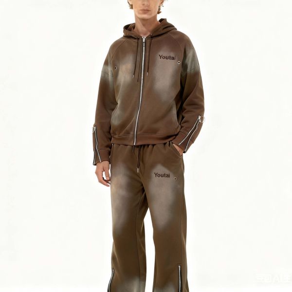 Custom Joggers Distressed Acid Wash Blank Men's Tracksuit Oversized Cotton Printed Embroidery Flared Hoodie and Sweatpants Set