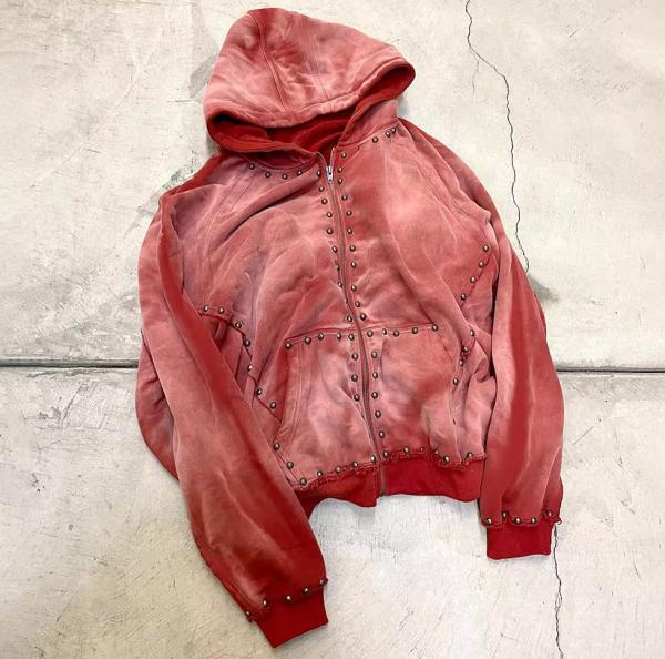 Custom 100% Cotton 500 gsm Rhinestone Bead Studded Heavyweight Stone Washed Sun Faded Zip Up Hoodie