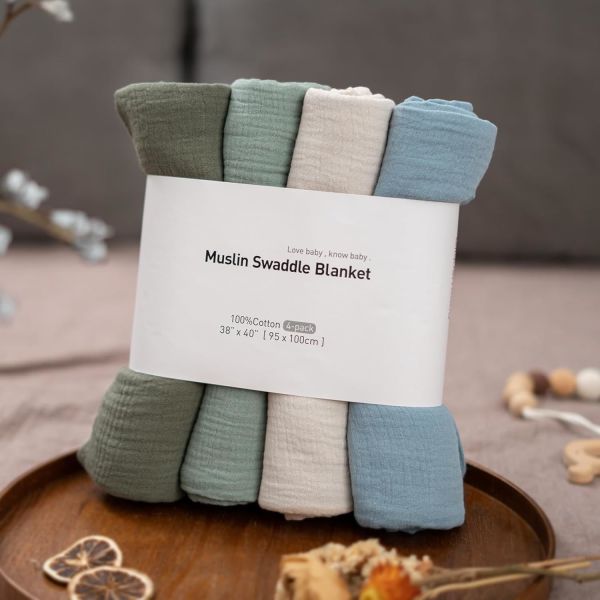 4-Pack Baby Swaddle Blankets For Unisex,100% Cotton Muslin Newborn Receiving Blanket
