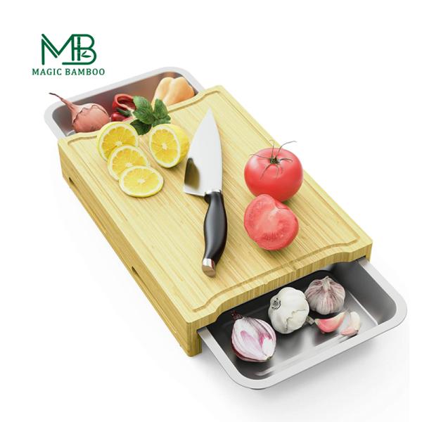 Rectángulo de color natural tabla de corte de bambú con bandeja y cajones para la cocina