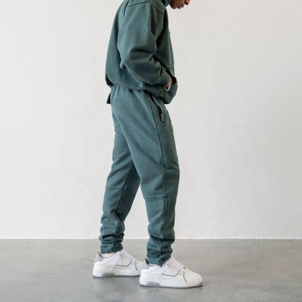 Custom Logo Cotton Vintage Elasticated Zip Pockets Washed Unisex Distressed Jogger Men Tracksuit Sweatsuit