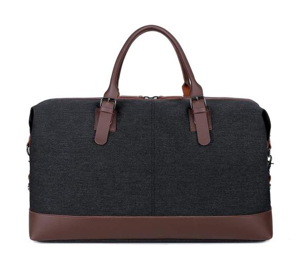 Large Capacity Travel Duffel Bag Leather Black Canvas Shoulder Crossbody Weekend