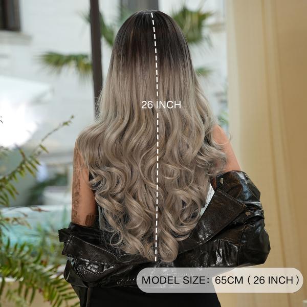 Fashion Long Body Wave Dark Root Hair  Black/Grey Synthetic Wigs For Women