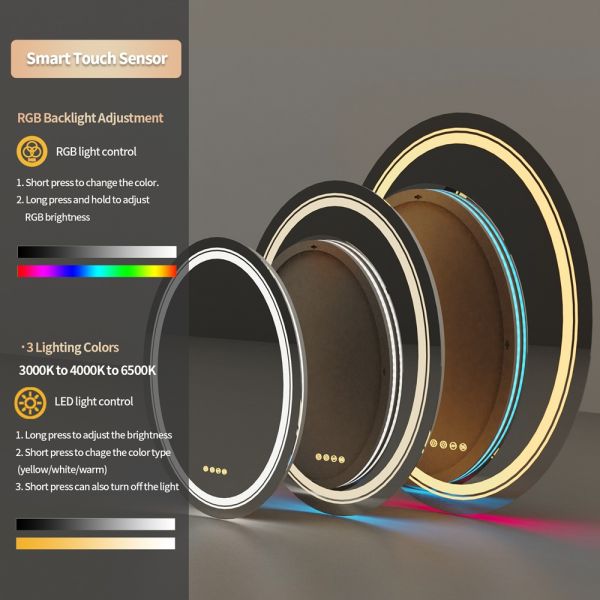 Oval RGB LED Lighted Smart Bathroom Mirror High Definition Eco-Friendly Explosion-Proof Anti-Fog Modern Design IP44 Illuminated