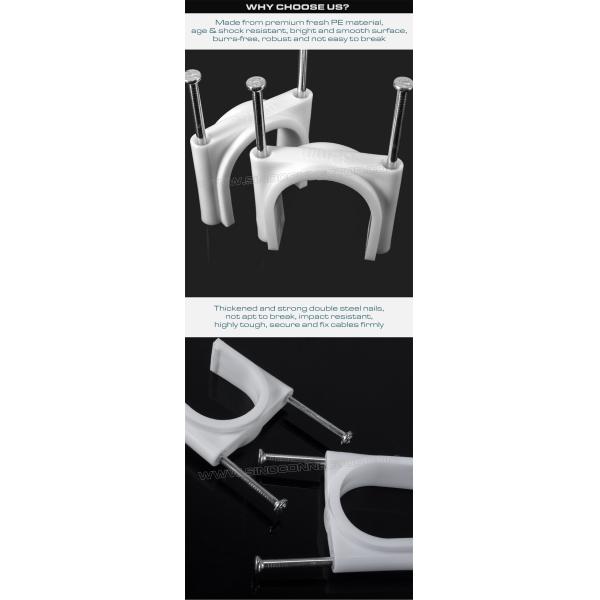 Double Nail Cable Clips (Double Nail Pipe Clips), Round Type, Two Steel Nails, Polyethylene, White/Black, 30mm~50mm, For Large Cables